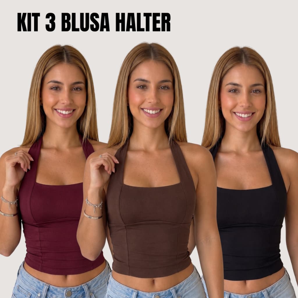KIT 3pcs Blusa Feminina Top Halter Costas Nua Suplex Tecido Duplo Academia