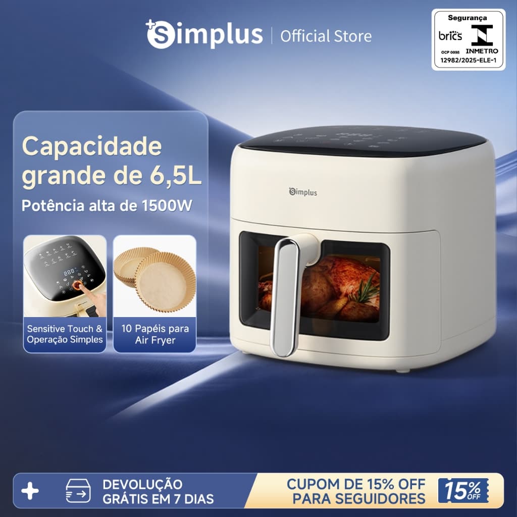 Simplus Fritadeira Air Fryer  6,5L 1500W 127V Sem Óleo Digital Touch VISOR DE VIDRO TRANSPARENTE KQZG018
