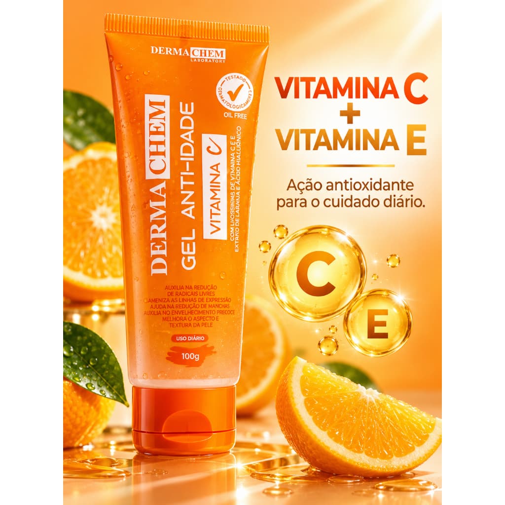 Gel Facial Vitamina C Dermachem 100g Anti-Idade Ácido Hialurônico Vitaminas C e E Antioxidante Oil Free Pele Uniforme