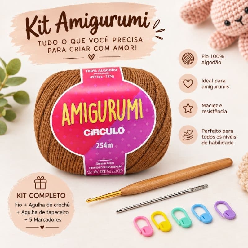 Kit Amigurumi para Iniciantes | Linhas + Agulha de Crochê + Agulha de Tapeceiro + 5 Marcadores