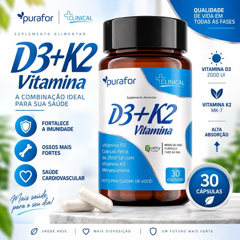 Purafor D3 + K2 Vitamina D3 2000 UI com Vitamina K2 30 Cápsulas Suplemento