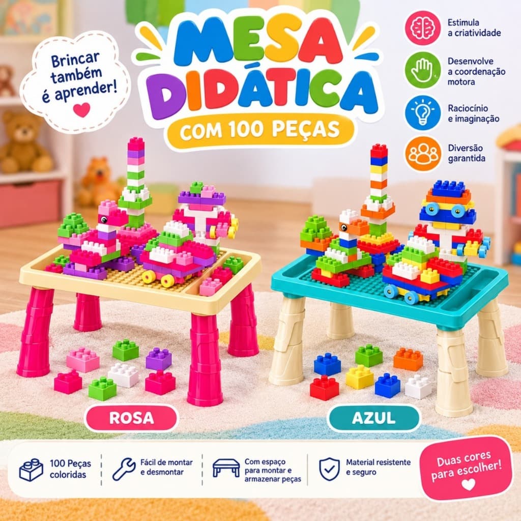 Mesa Didática lego Infantil com 100 Peças Blocos de Montar e Figurinhas - Verde Água ou rosa