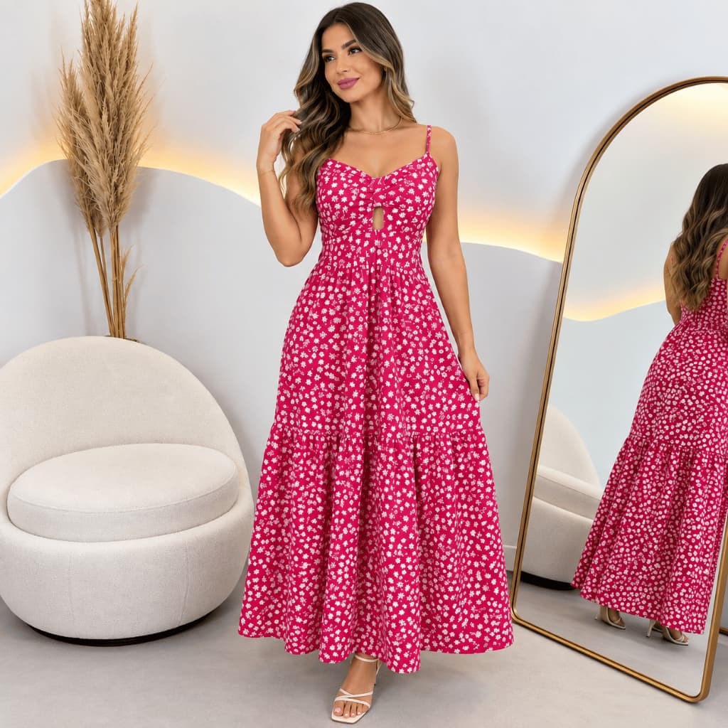 Vestido Feminino Longo Floral Crepe com Bojo Alça Regulável Abertura Elegante Pimenta Rosa