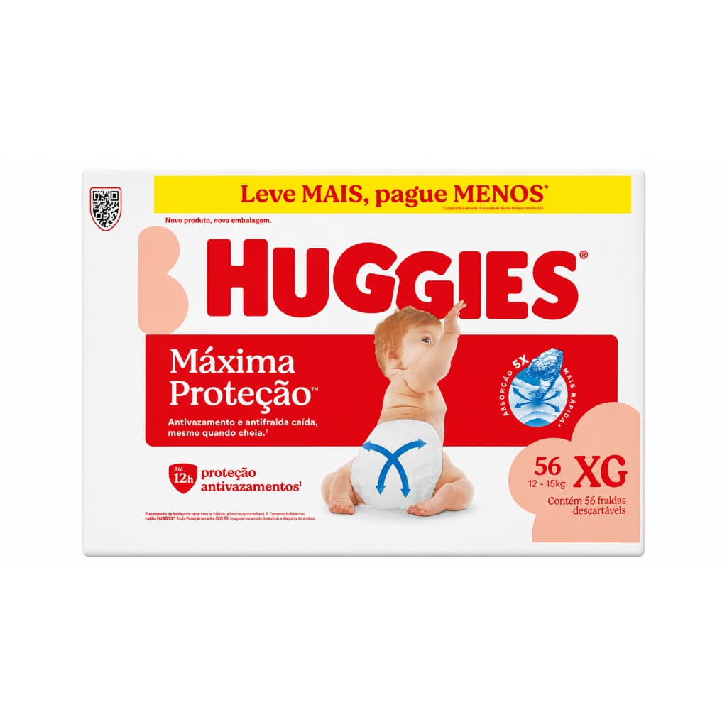 Fralda Huggies XG 56 Unid Máxima Proteção 12h Seco Antivazamento Bebê