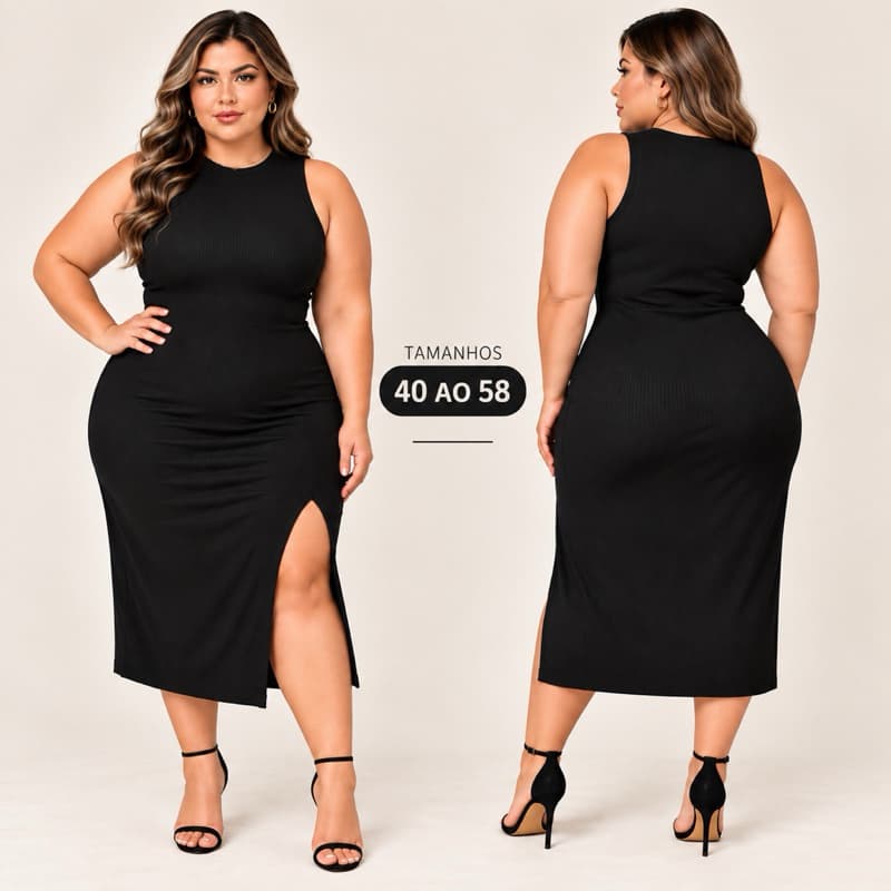 Vestido Midi PAZME Plus Size Regata Larga C/ Fenda Frontal