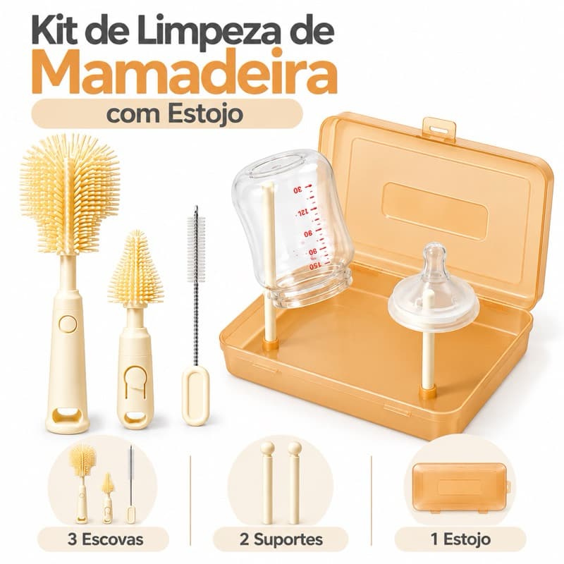 Kit Limpeza Mamadeira 3 Escovas com Estojo Suporte Secagem Copos Bicos Acessórios do Bebê Enxoval