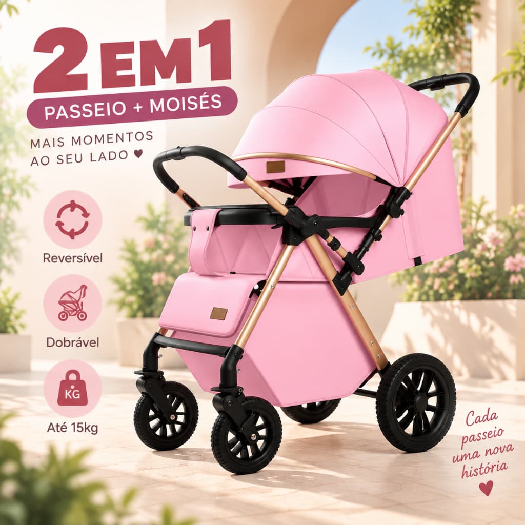 Carrinho Bebê Completo 2 em 1 com Moisés Reversível Dobrável Infantil Recém-Nascido Menino Menina Até 15kg -P28/P29
