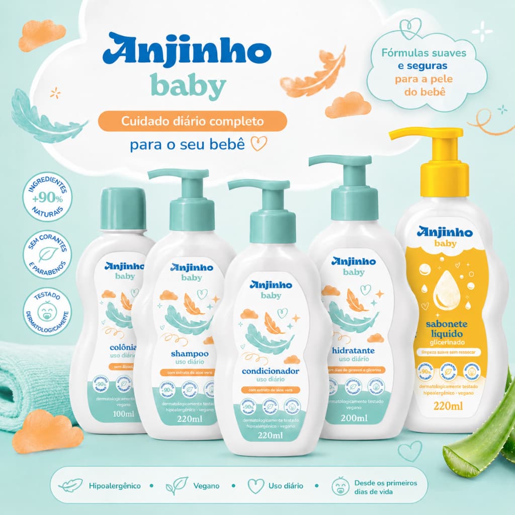 Kit Anjinho Baby Infantil 5 Itens Shampoo Condicionador Colônia Hidratante e Sabonete Líquido