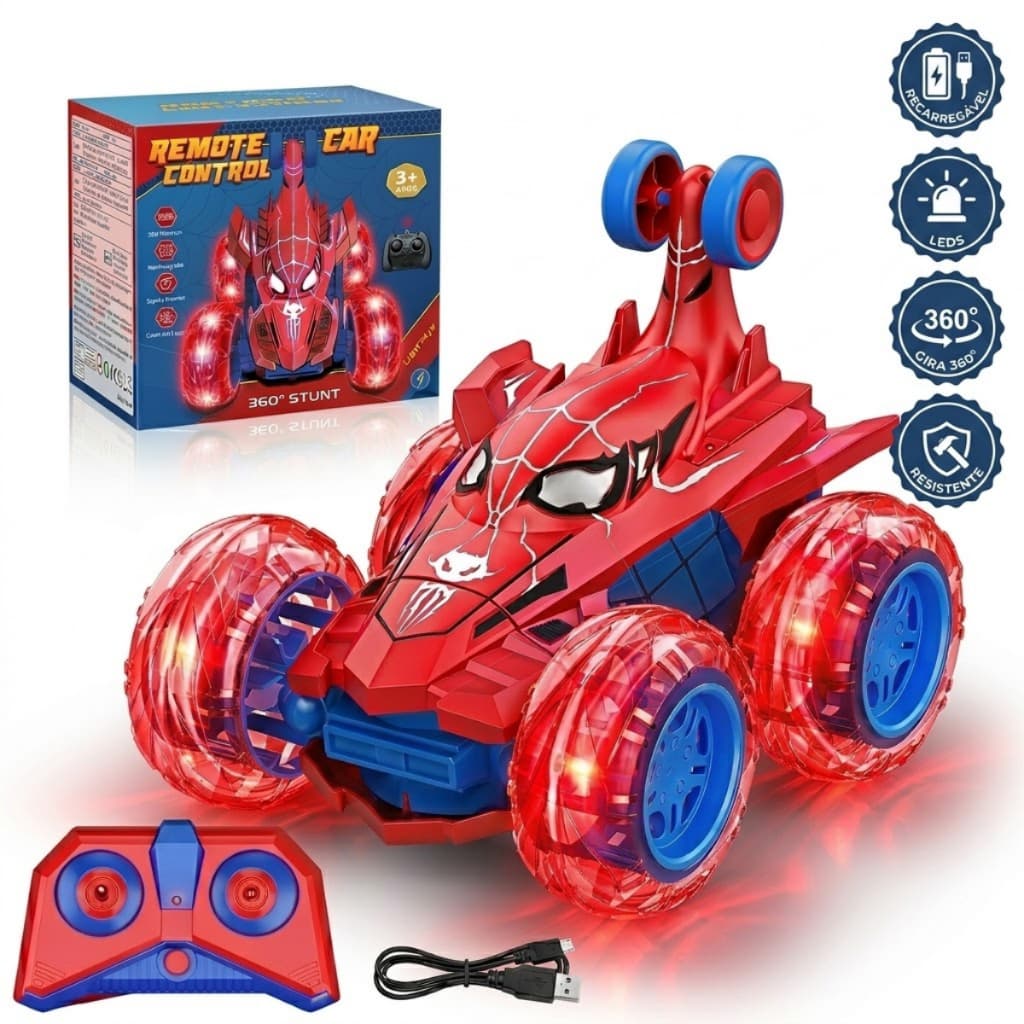 Carrinho Controle Remoto Spider Carro Maluco Gira 360 Doido Luzes Pirueta Vermelho Aranha