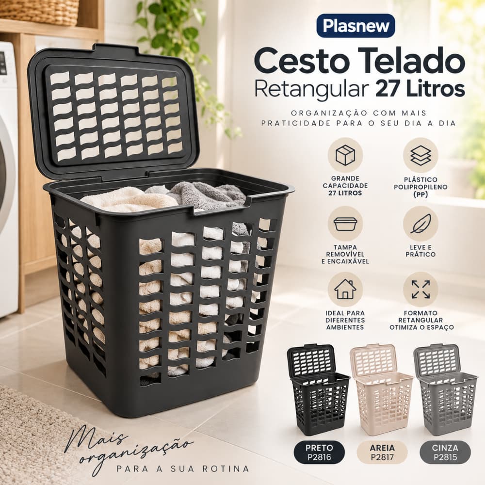 Cesto Organizador Multiuso 27L Com Tampa Para Lavanderia Banheiro Quarto E Escritório