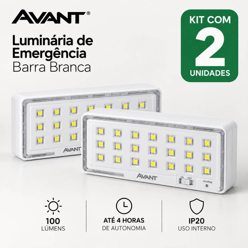Kit c/ 2 Luminárias de Emergência Barra LED 1W 100lm Bivolt 6000K Avant
