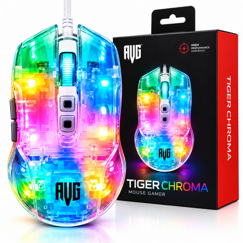 Mouse Gamer RGB Transparente 3600 DPI 6 Botões USB LED Rainbow para PC Notebook Jogos Alta Precisão