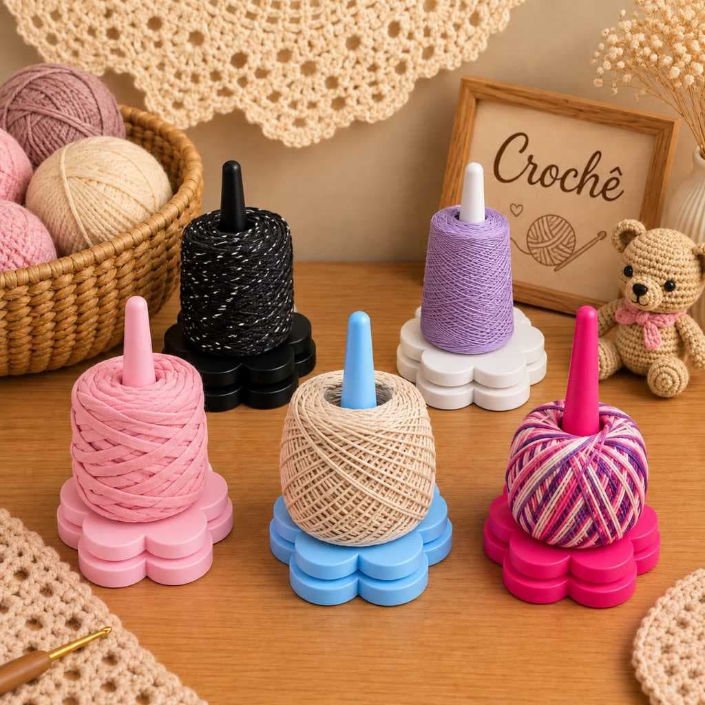 Porta Novelo Giratório para Crochê Suporte para Linha Base Flor Tricô Artesanato Barbante - 17cm