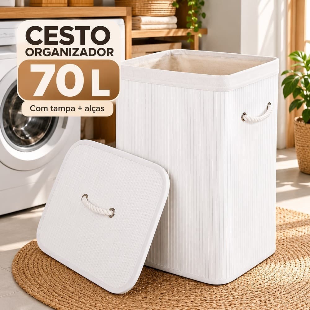 Cesto de Roupa Suja 70 Litros Branco com Tampa e Alças Organizador Grande para Lavanderia Quarto Banheiro