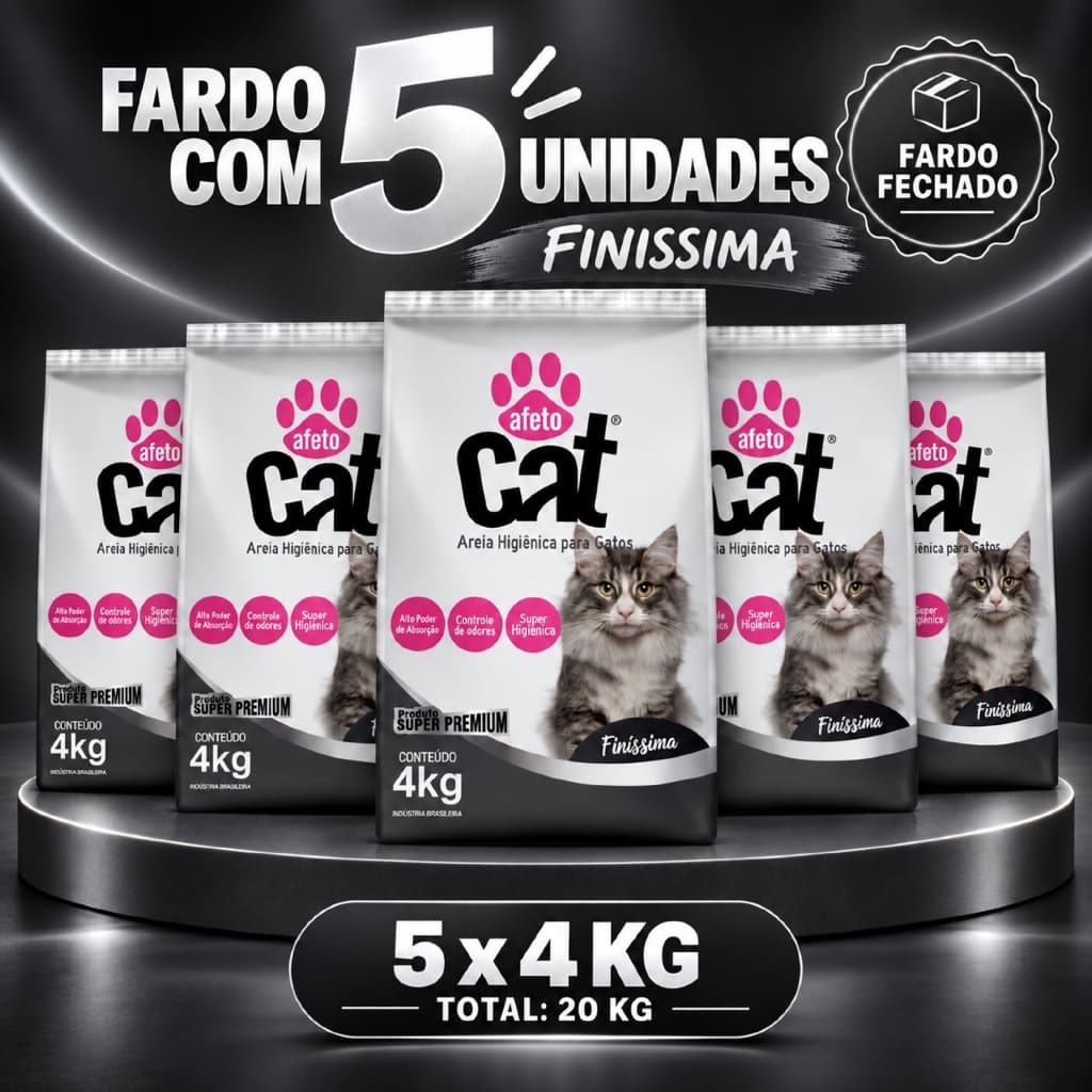 Kit 5 Areia Sanitária Higiênica Mineral para Gatos Grãos Finíssimos Super Premium 20 kg Afeto Cat