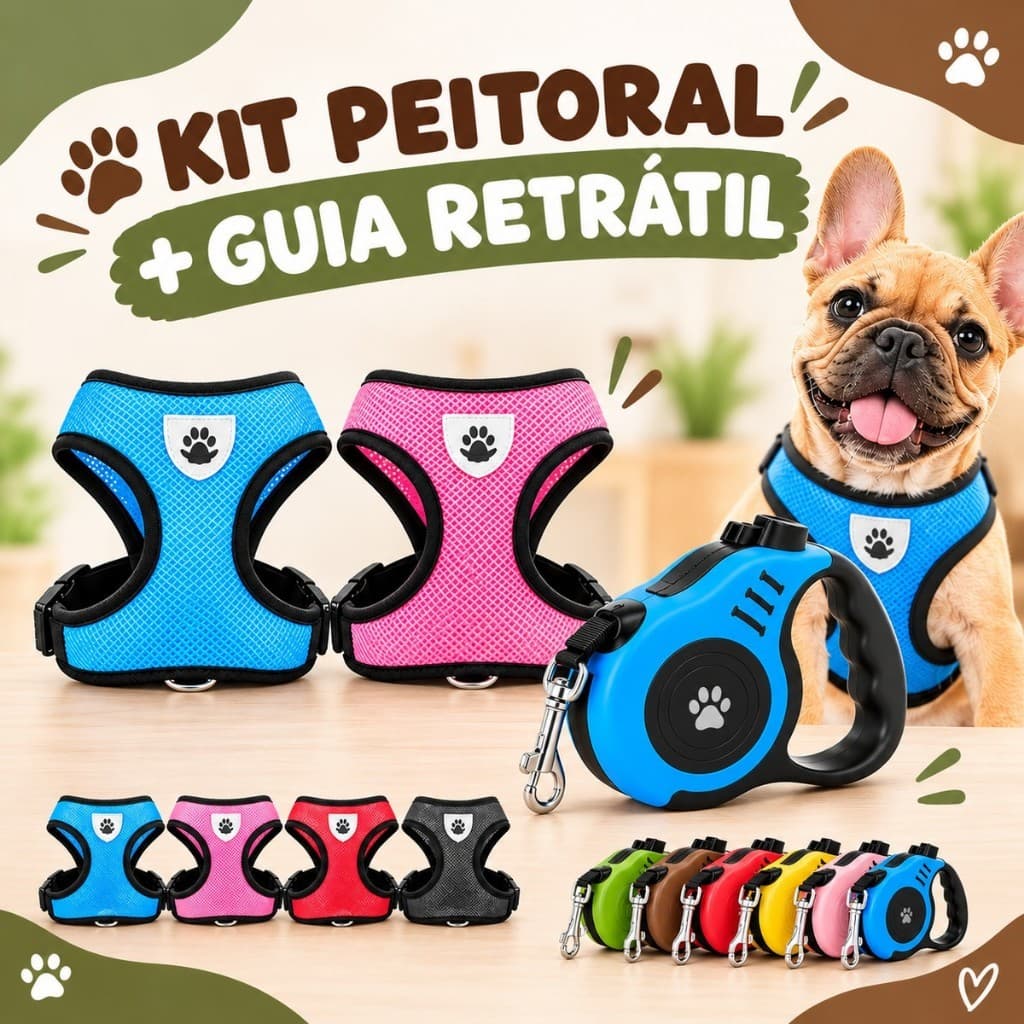 Guia + Coleira Peitoral Para Cachorro Pet Colete Refletivo