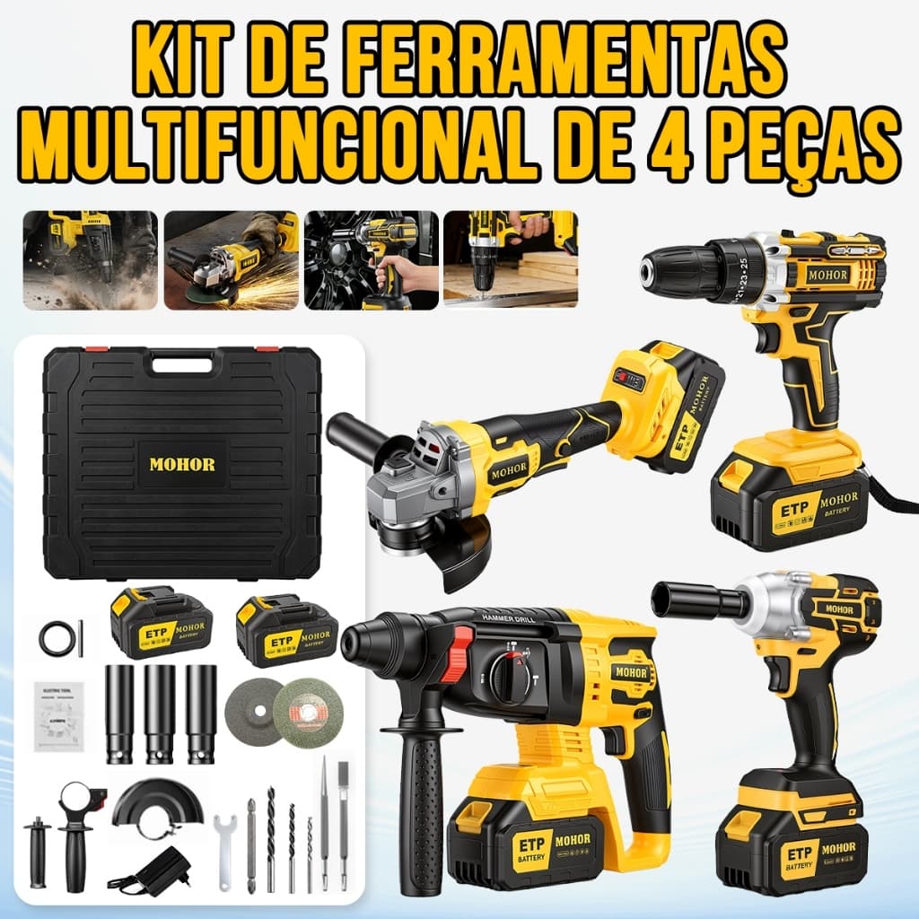 Ferramentas 4 em 1 48V Sem Fio Kit Completo Furadeira Martelete Esmerilhadeira Profissional Portátil