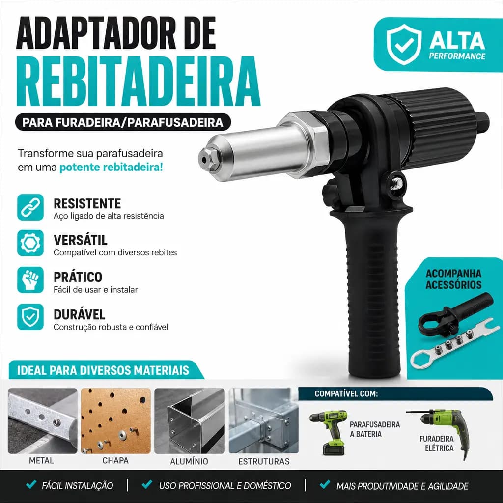 Adaptador Rebitadeira p/ Furadeira e Parafusadeira, Kit 3 Bicos 3,2/3,8/4,0 Uso Profissional e Doméstico