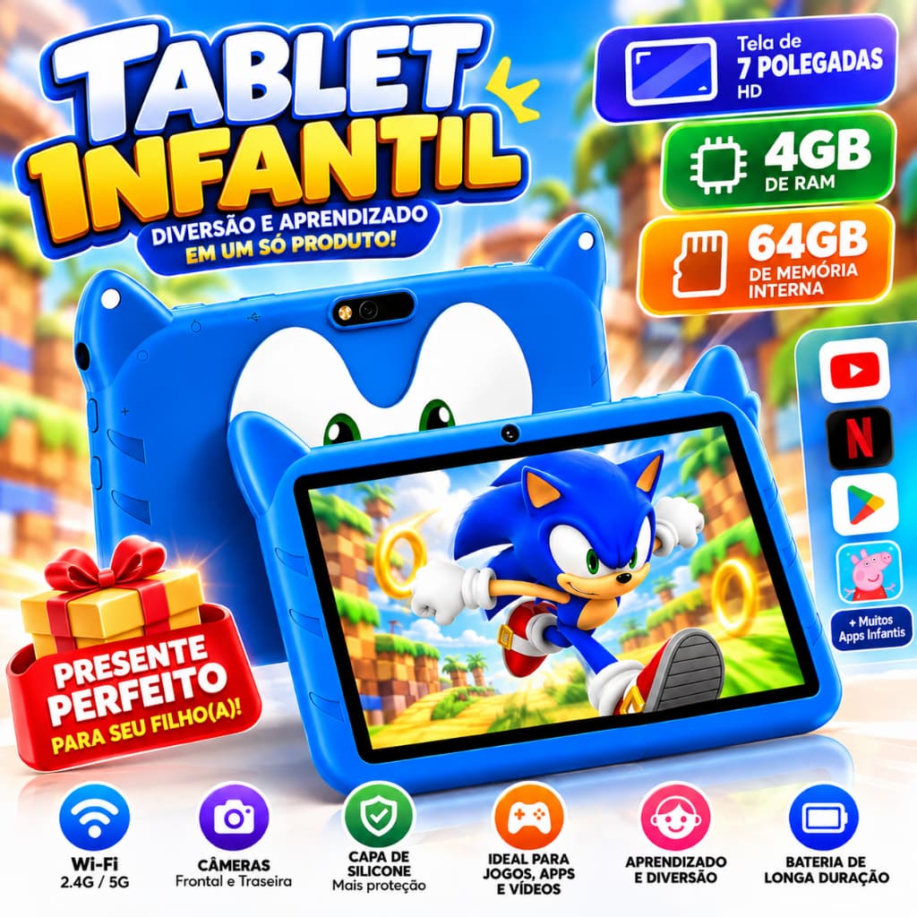 Tablet Infantil 7 Polegadas Android WiFi Capa Sonic Jogos Educativos Presente para Criança