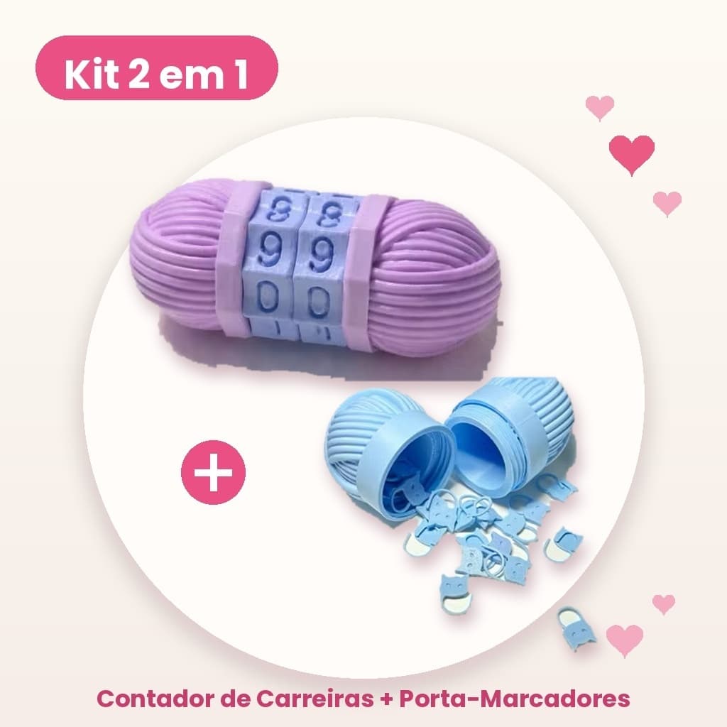Kit Contador de Carreiras Novelo + Porta-Marcadores de Ponto Organizador Crochê Tricô Amigurumi