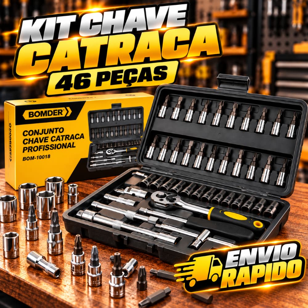 Kit Ferramentas 46 Peças Jogo Chave Catraca Reversível Soquetes Bits Extensores Maleta Reparo Automotivo Profissional
