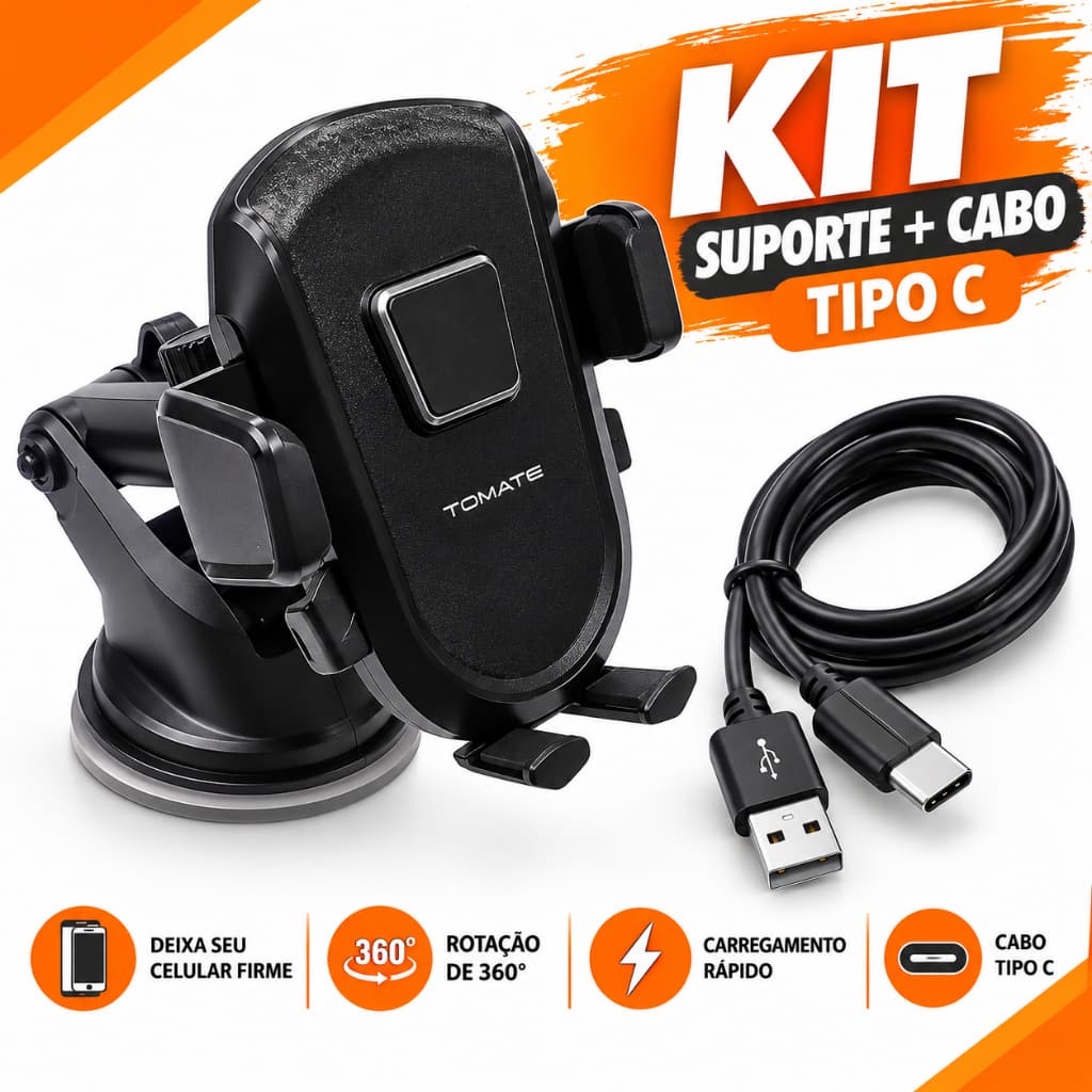 Kit Suporte de Celular Veicular + Cabo de Carregador Carro - Cabo Carregador TYPO C ou Iphone - Ventosa 360° Trava Auto