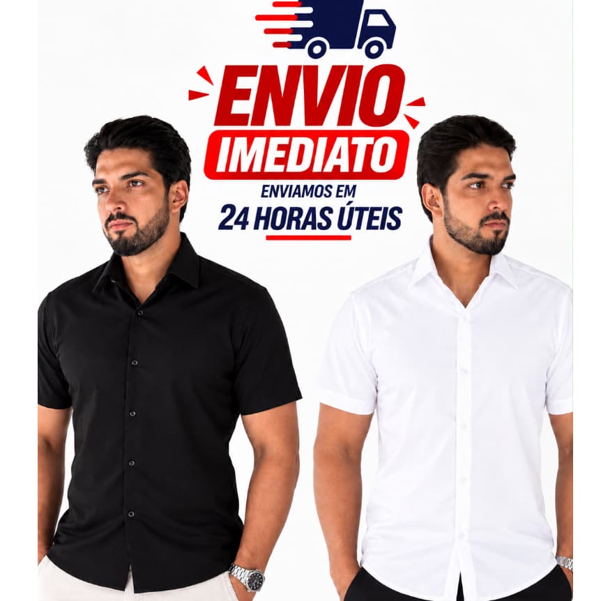 Kit 2 Camisas Sociais Masculinas Slim Manga Curta Tecido Leve Não Amassa Casual Elegante para Trabalho e Eventos