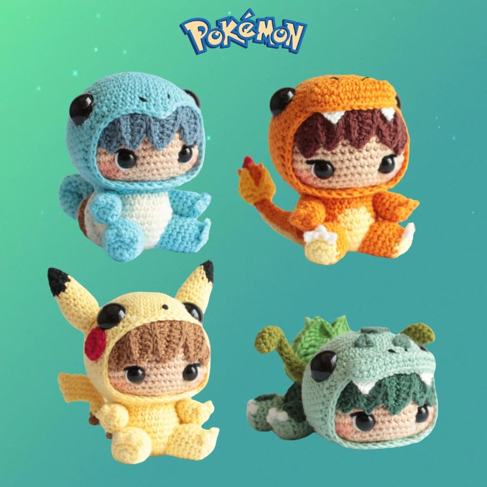 Kit Amigurumi Pokémon Baby Kigurumi Pikachu Charmander Squirtle Bulbassauro Crochê 12cm Artesanal Geek Colecionável