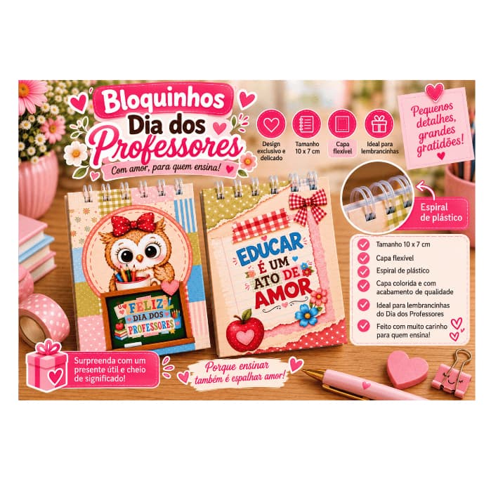 Kit 5/10/15/20 Bloquinhos de Anotações Dia dos Professores – Lembrancinha - Bloquinho 7x10cm