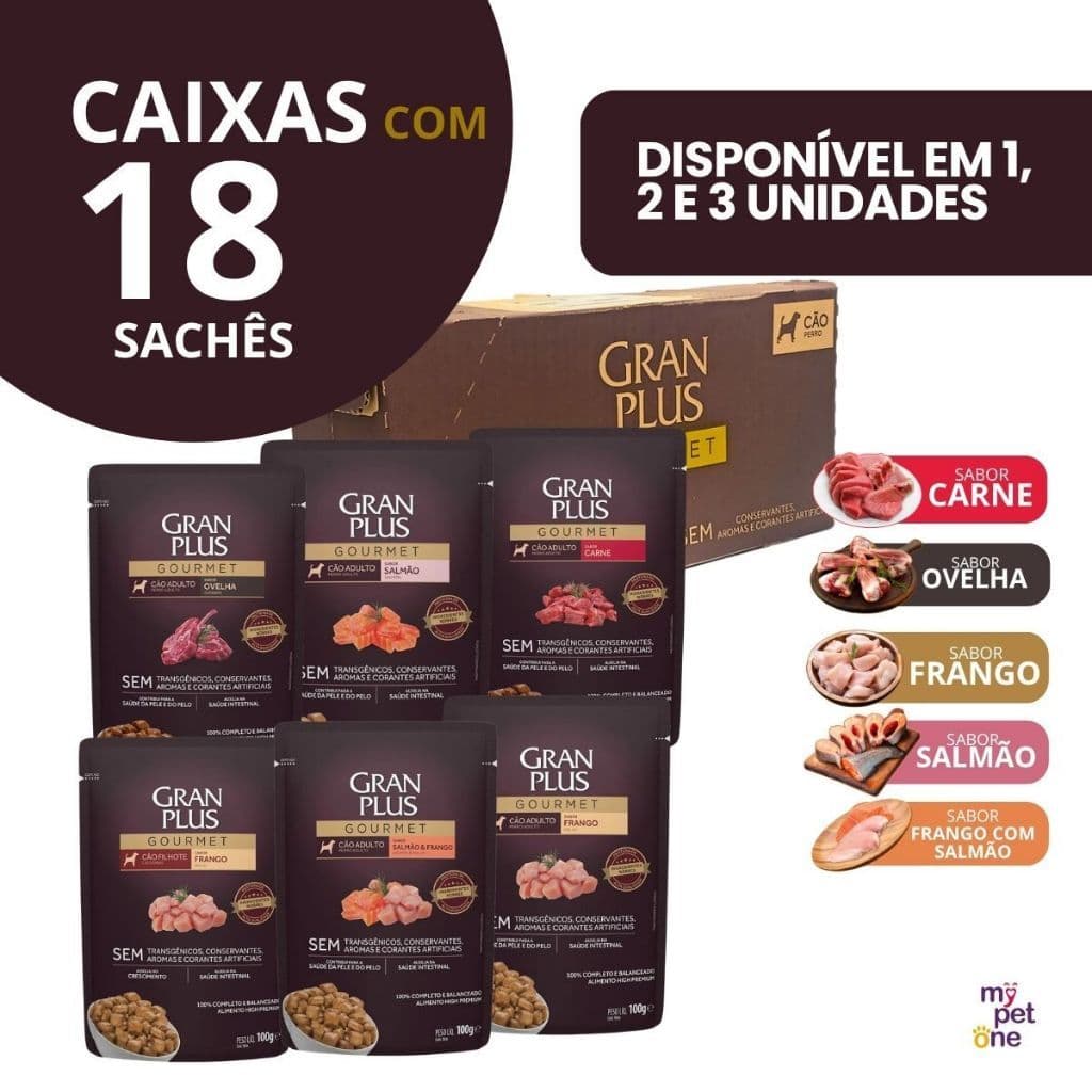Ração Úmida Sachê GranPlus Gourmet Para Cachorros Sabores Diversos Caixa 18, 36 Ou 54 Unidades Dog Cães