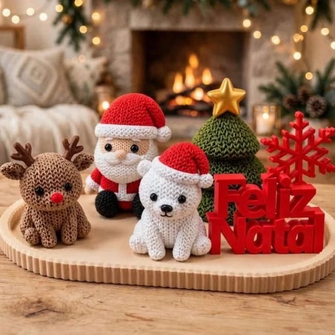 Kit Amigurumi Tipo Crochê Completo 6 Peças + Bandeja Oval Decoração Mesa Natalina