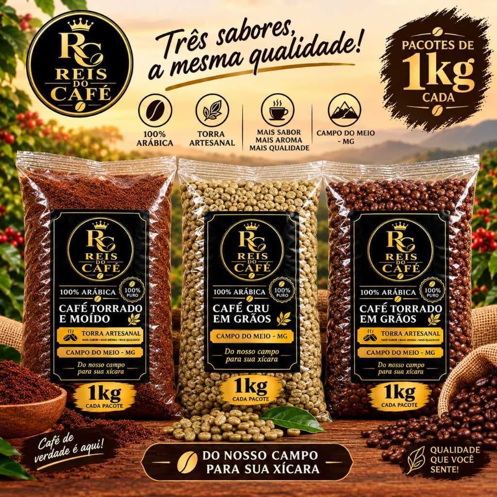 Kit Café Reis Café Torrado e moído, Cru, Torrado em grãos C/1KG cada pacote
