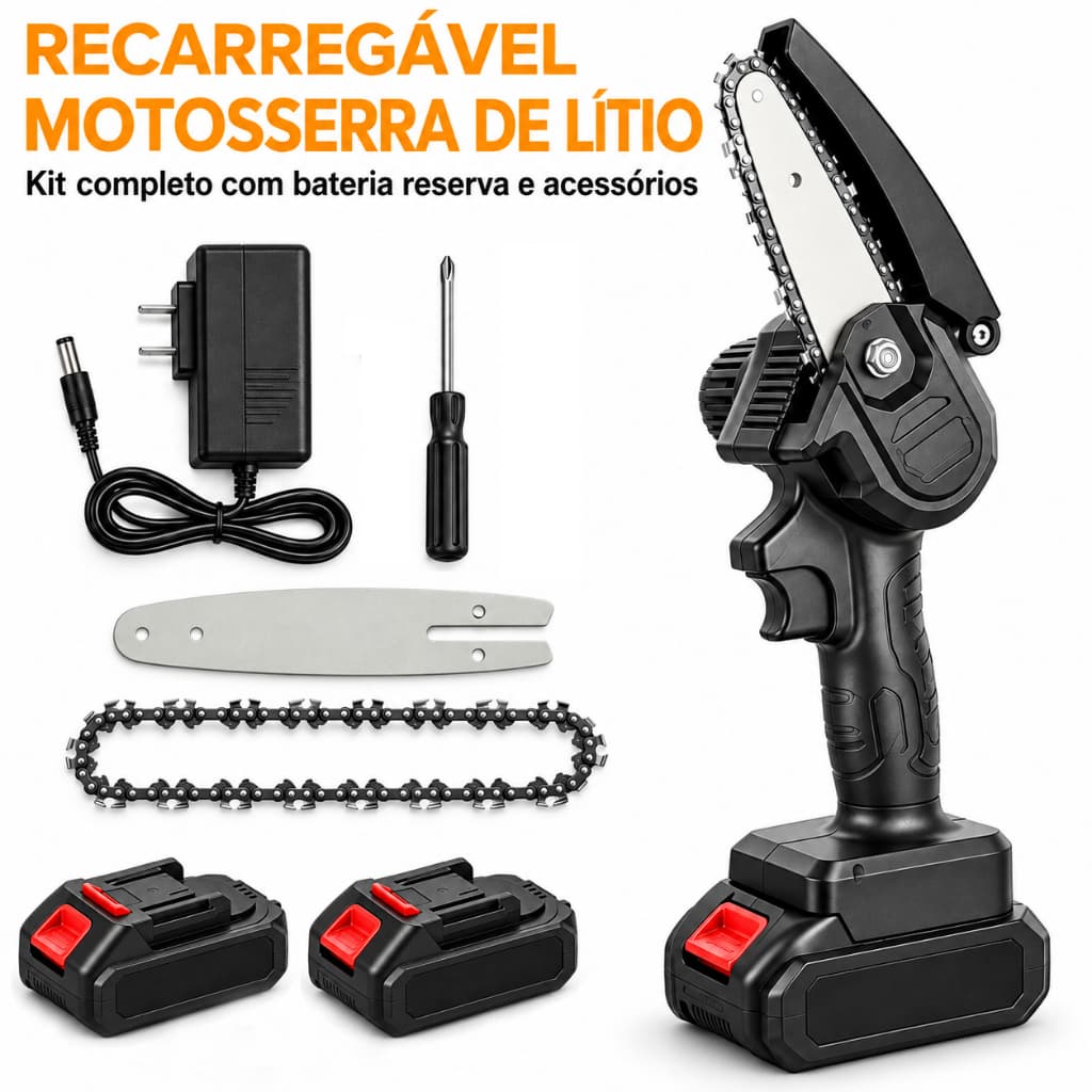 POWERX Mini Motosserra Elétrica Portátil 33 cm Sem Fio – Corte de Galhos e Podas Rápidas
