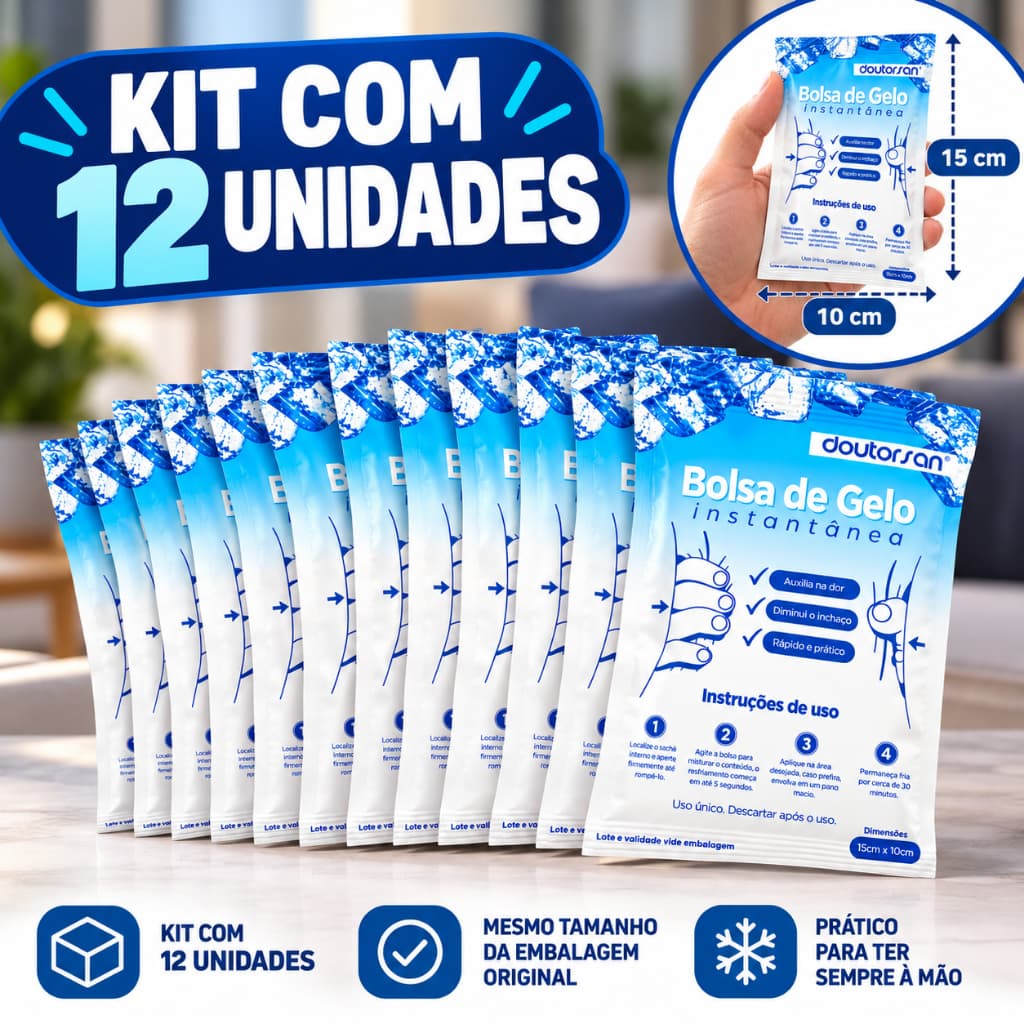 Kit 12 Bolsas de Gelo Instantâneo Doutorsan Icepack 15x10cm Compressa Fria Sem Refrigeração para Primeiros Socorros
