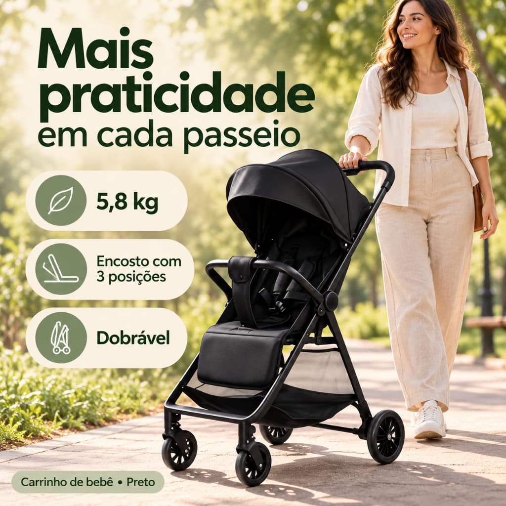 Carrinho de Bebê Dobrável Preto 5,8kg Encosto Reclinável 3 Posições com Capota e Cesto