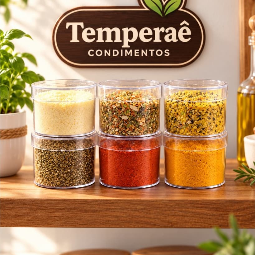 Kit 6 Temperos e Condimentos Variados em Potes de Acrílico Cheios Prontos para Uso Cozinha Temperaê