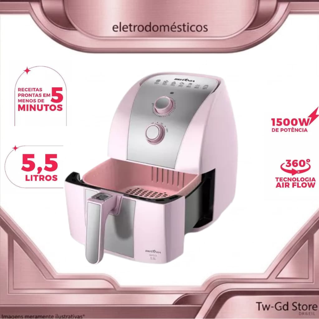 Fritadeira Air Fryer Rosa Britânia 5,5L Sem Óleo 1500W BAFE53 110V