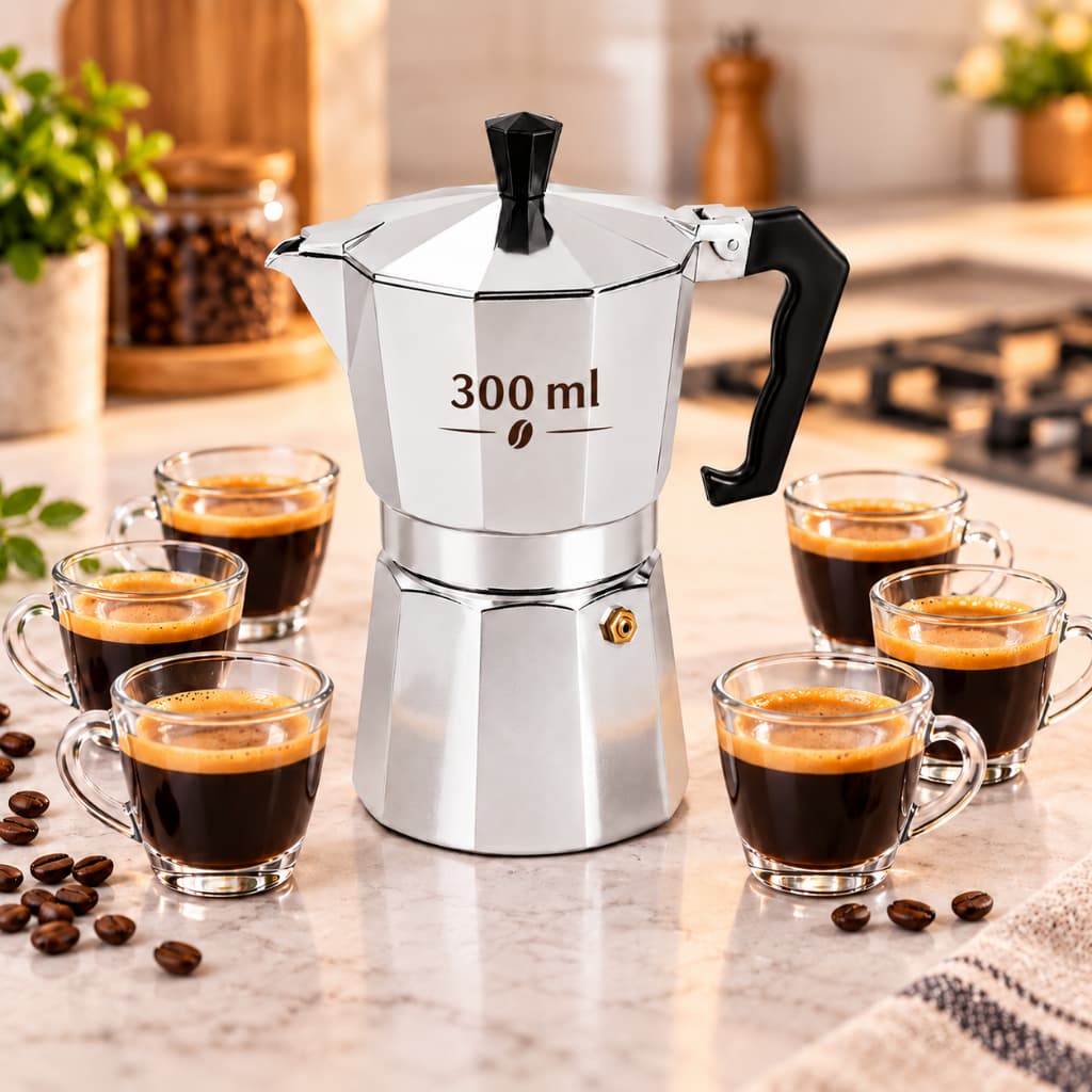 Cafeteira Italiana Moka 6 Xícaras 300ml Alumínio para Café Premium, Café Expresso Aromático Intenso, Alça Térmica, Fácil