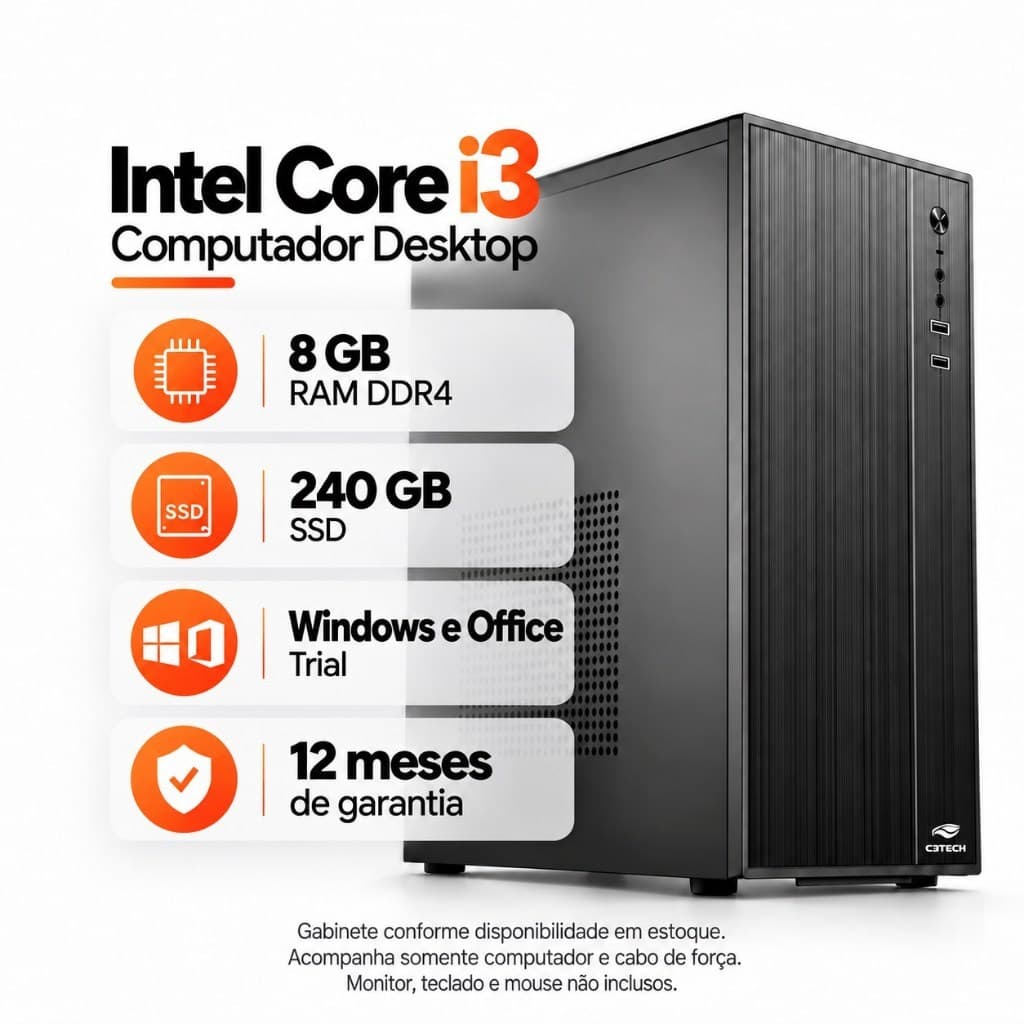 Computador Intel Core i3 8GB DDR4 SSD 240GB Somente CPU Windows 11 Trial Home Office Trabalho Estudos Desktop USB PC