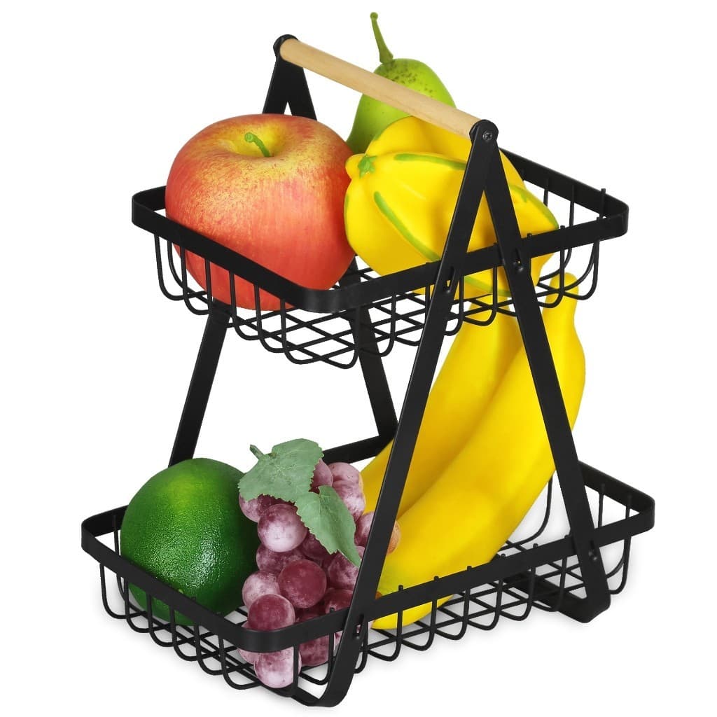 Fruteira de Mesa Cesto Aramado 2 Andares em Metal Organizador Multiuso Frutas Legumes e Verduras