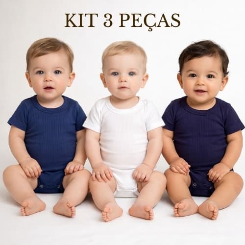 Kit 3 Peças Body Bebê Menino Manga Curta Ribana Canelada Liso Unissex Enxoval