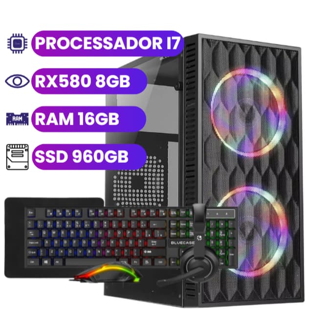 Computador Gamer Intel Core i7 - 16GB de RAM - SSD de 960GB - Placa de Vídeo RX580 8GB