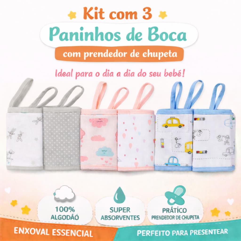 Kit 3 Paninhos de Boca Bebê Babete Estampado com Prendedor 28x28cm | Enxoval Infantil
