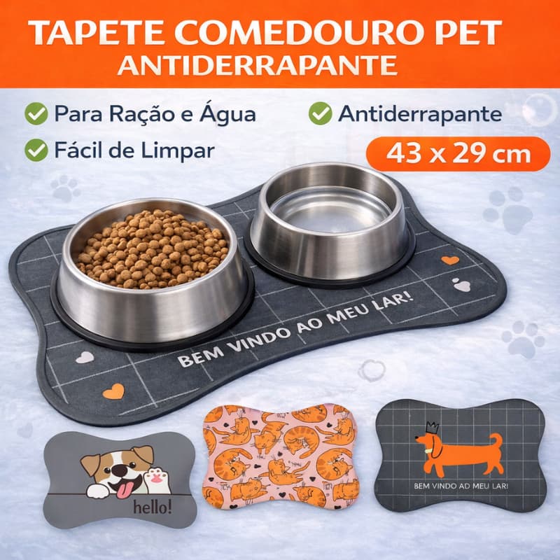 Tapete Comedouro Pet Antiderrapante Cachorro e Gato | Tapete para Ração e Água Formato Ossinho 43x29