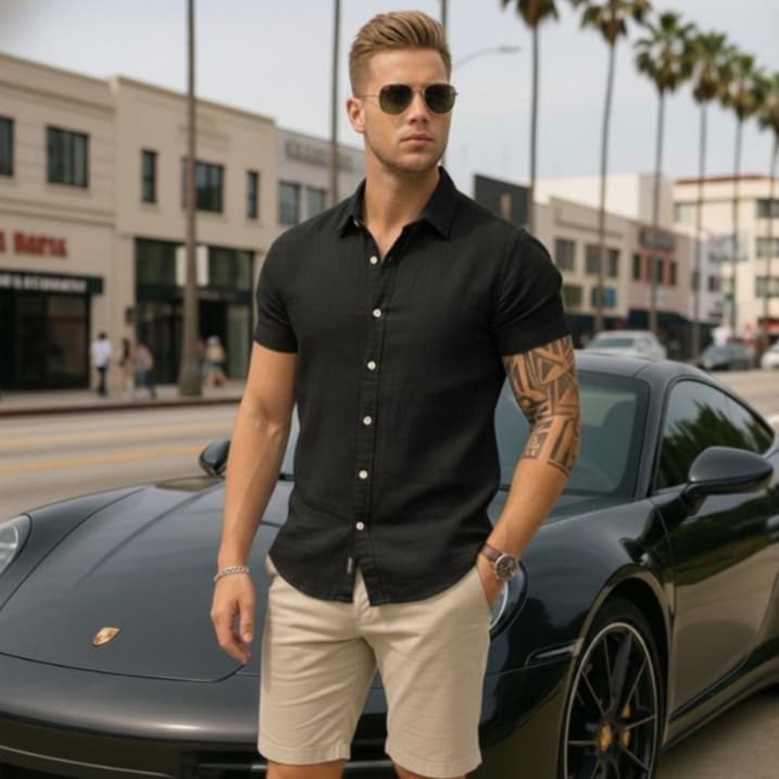 Camisa Social Linho Masculina Manga Curta Gola Italiana Slim Fit Premium Elegante