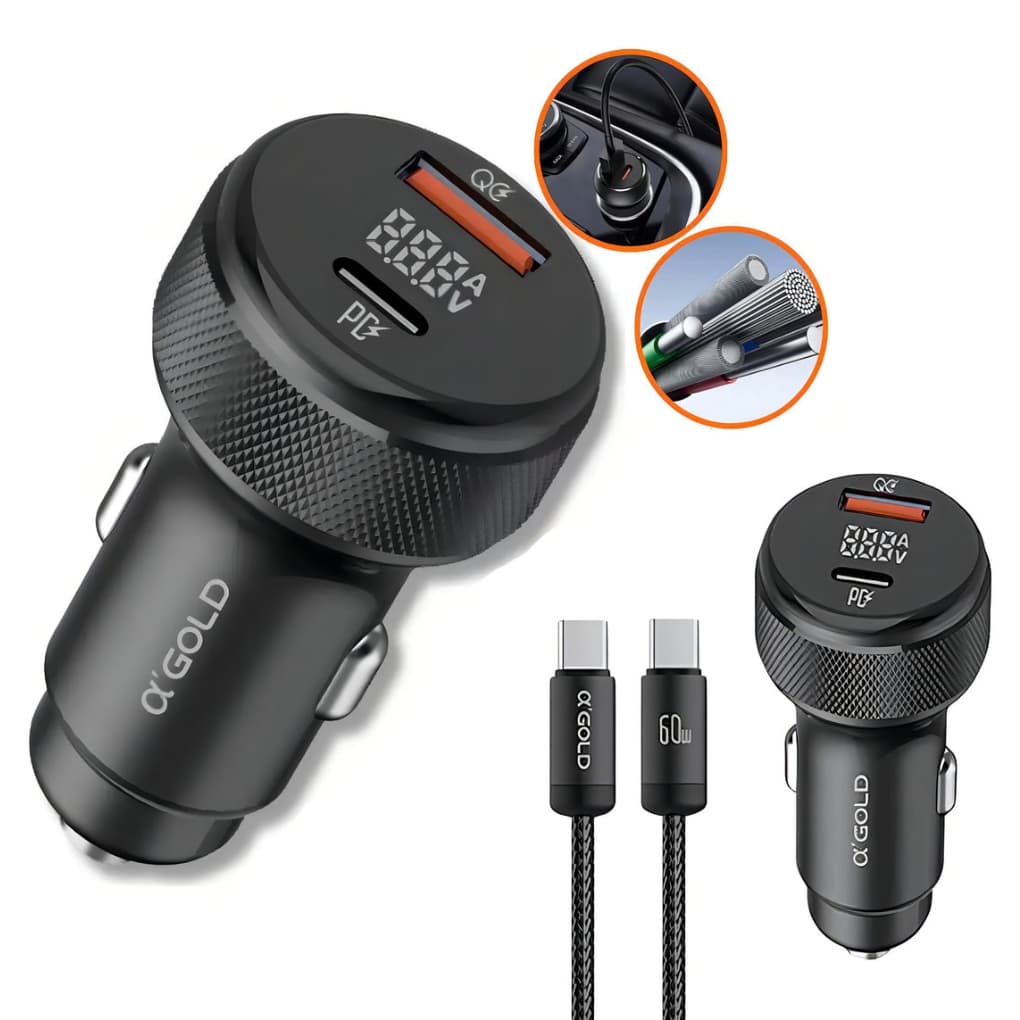 Carregador Veicular Turbo 60W LED Tipo C e USB + Cabo Tipo C