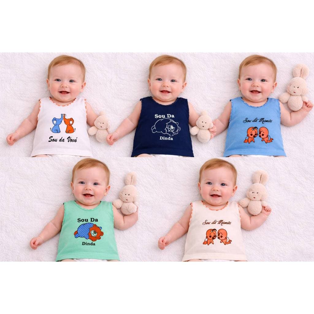 Kit 5 Camisetas Bebê RN 0 a 12 Meses Regata Algodão Enxoval Recém Nascido Menino Menina
