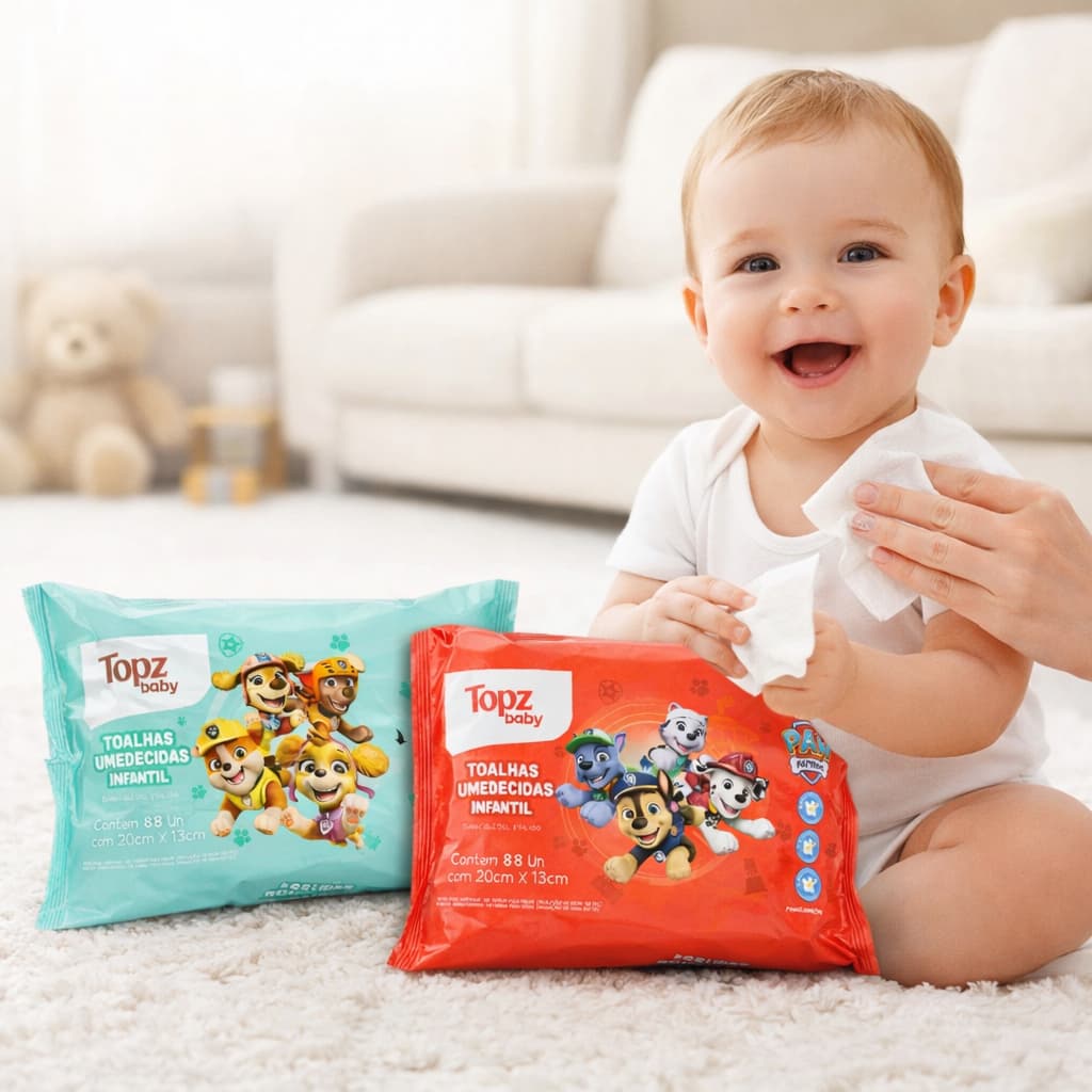 Lenços Toalhas Umedecidas Infantil Patrulha Canina 88 Unidades - Skye e Chase - Topz Baby - Produto Vegano I Sem Álcool