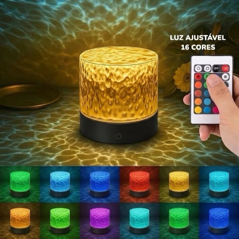 Abajur Quarto Luminária Led De Mesa Projetora Ondas Do Mar Luz Noturna Com Controle 16 Cores Touch