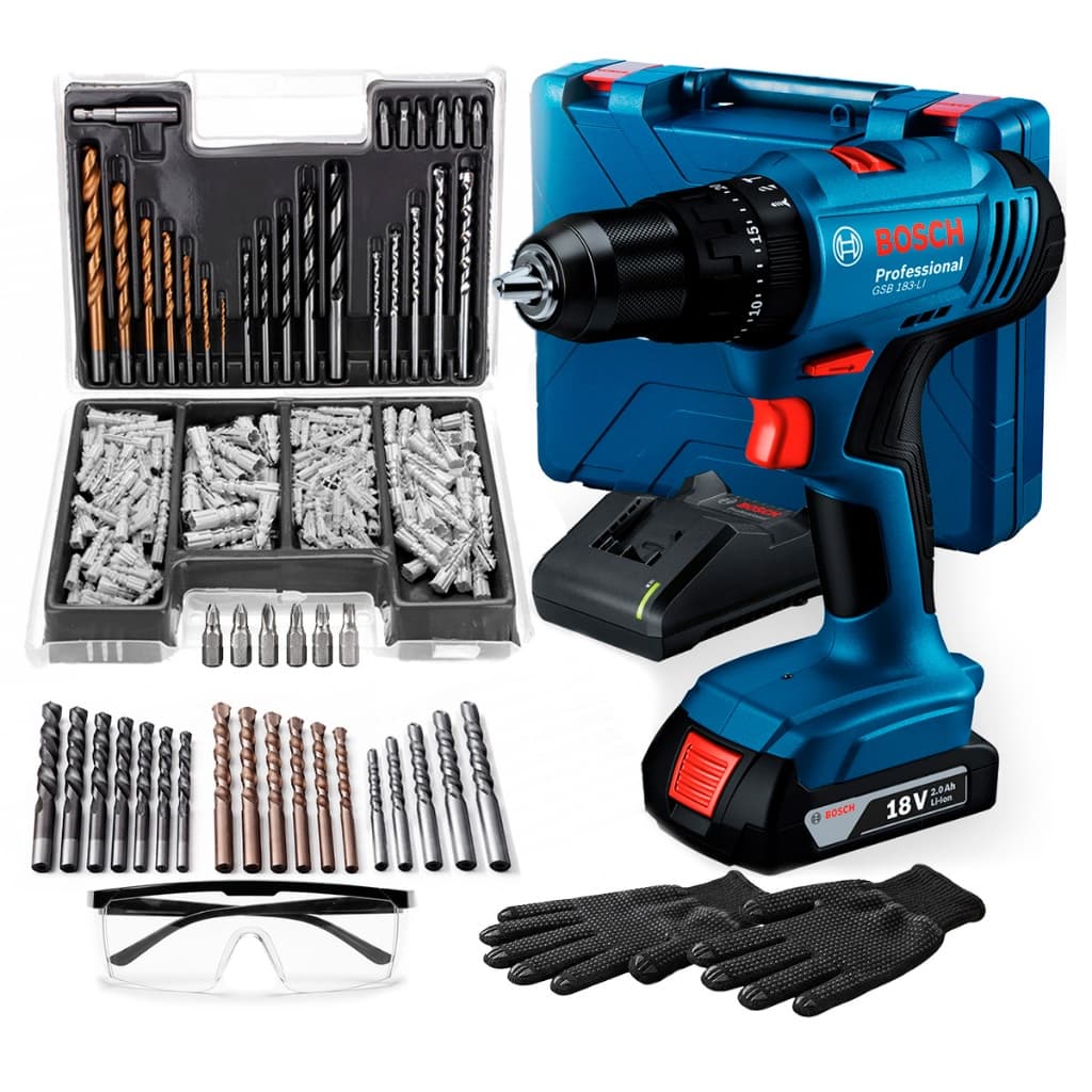 Parafusadeira E Furadeira De Impacto Bosch A Bateria 18v Gsb 183-li C/ Kit Brocas Buchas E Bits 300 Peças + Acessórios
